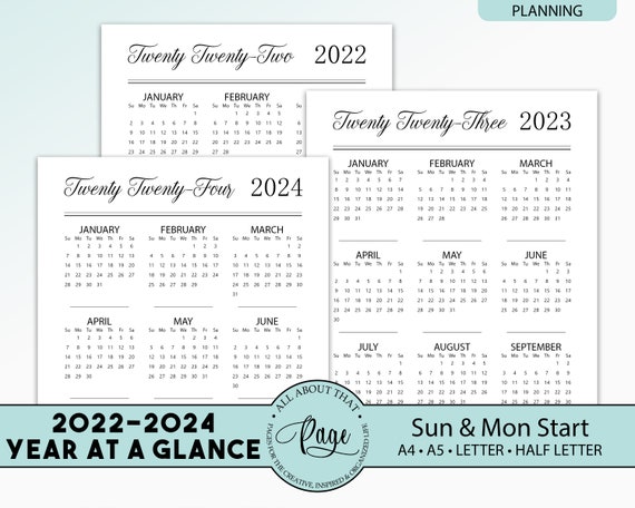 Jmu 2023 2024 Calendar New 2022 2023 2024 Year At A Glance Calendar Month Sunday | Etsy Australia