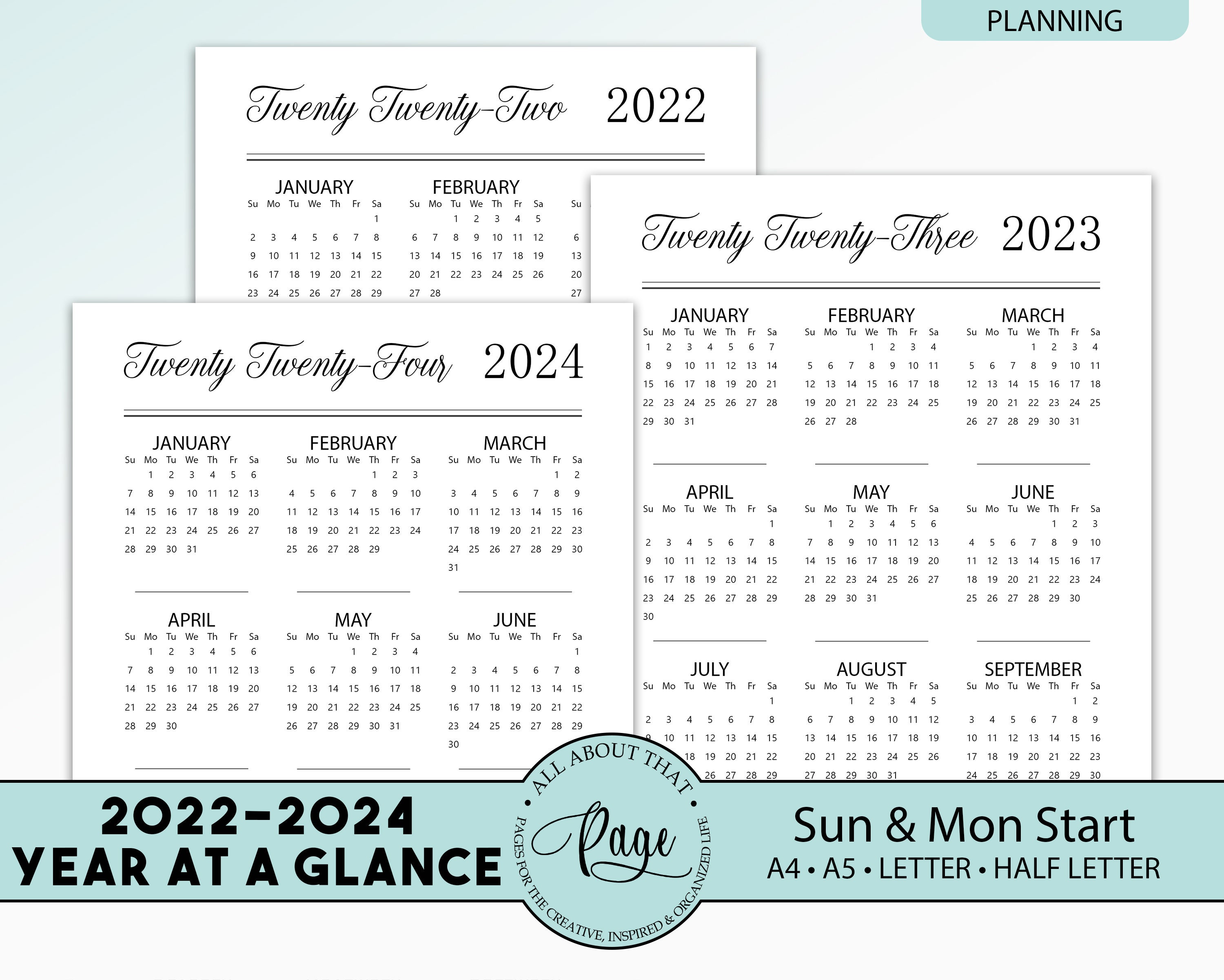NEW 2022 2023 2024 Year at a Glance Calendar Month Sunday | Etsy