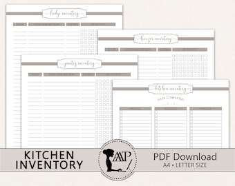 May include: A collection of printable kitchen inventory sheets. The sheets include sections for fridge, freezer, and pantry inventory. The design is in shades of gray and white, with the text "Kitchen Inventory" and "Take Stock of What You Have".