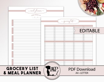 EDITABLE Grocery List & Weekly Meal Planner Printable, Shopping List Template, Menu Planning, PDF Download, Pink RMP04-01, MPGL