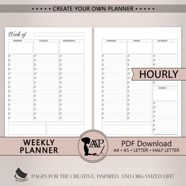 Weekly Planner Printable | Vertical Hourly 2 Page Layout | Week on Two Pages | Modern Minimalist | A4 A5 Letter Half Size | PDF CLP04-02