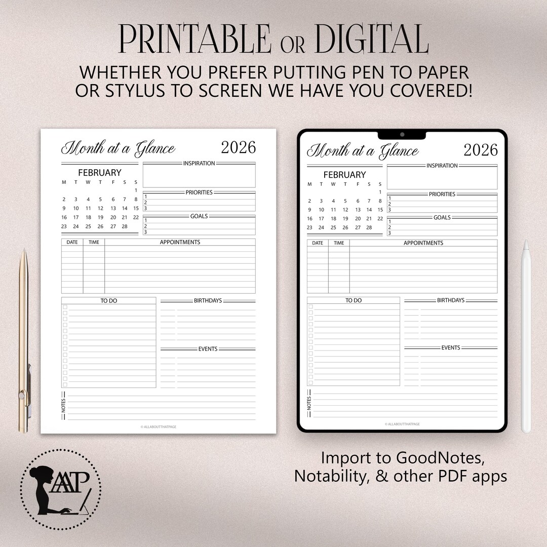 2026 Month at a Glance Planner Printable Digital | Monthly Overview ...