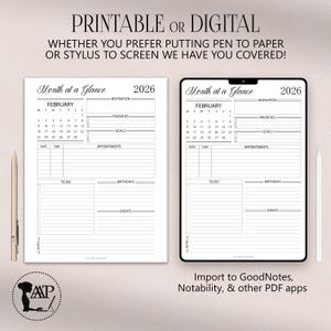 2026 Monat auf einen Blick Planer Printable Digital | Monatliche Übersicht | Einseitiger Kalender | Bearbeitbar | Halbe A4 A5 Größe | PDF | KLP