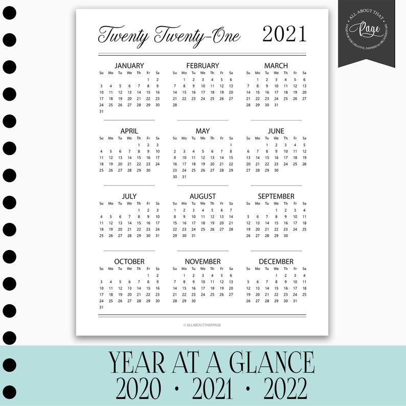new 2020 2021 2022 year at a glance calendar sunday monday etsy