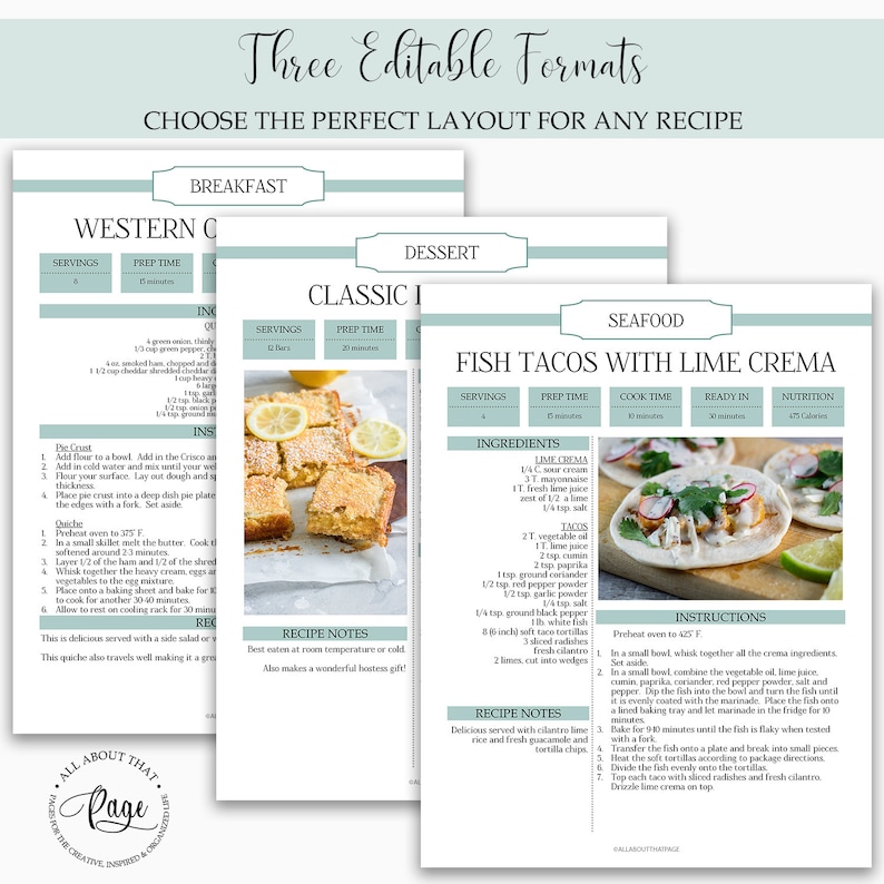 May include: A printable recipe card template for "Fish Tacos with Lime Crema". The recipe card features a colorful photo of the finished dish, a list of ingredients, instructions, and recipe notes. The card is designed to be easily customized and printed for personal use.