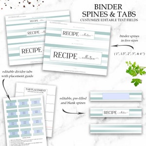 May include: Printable binder spine and tab templates for organizing recipes. The templates feature a light blue and white striped design with the text "RECIPE collection". The templates are customizable with editable text fields. The image also includes a guide for tab placement.