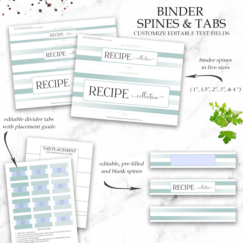 May include: Printable binder spine and tab templates for organizing recipes. The templates feature a light blue and white striped design with the text "RECIPE collection". The templates are customizable with editable text fields. The image also includes a guide for tab placement.