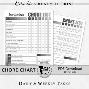 May include: A black and white printable chore chart for kids. The chart includes a daily and weekly chore list with a reward section. The chart is titled "Benjamin's Chore List" and includes a section for daily responsibilities, such as getting dressed, brushing teeth, and cleaning the bedroom. The chart also includes a section for weekly chores, such as reading for 30 minutes, bringing dirty laundry to the laundry room, and putting away clean laundry. The reward section includes an overnight camping trip with the Williams family.