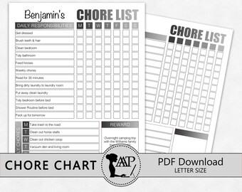 May include: A black and white printable chore chart for kids. The chart includes a daily and weekly chore list with a reward section. The chart is titled "Benjamin's Chore List" and includes a section for daily responsibilities, such as getting dressed, brushing teeth, and cleaning the bedroom. The chart also includes a section for weekly chores, such as reading for 30 minutes, bringing dirty laundry to the laundry room, and putting away clean laundry. The reward section includes an overnight camping trip with the Williams family.