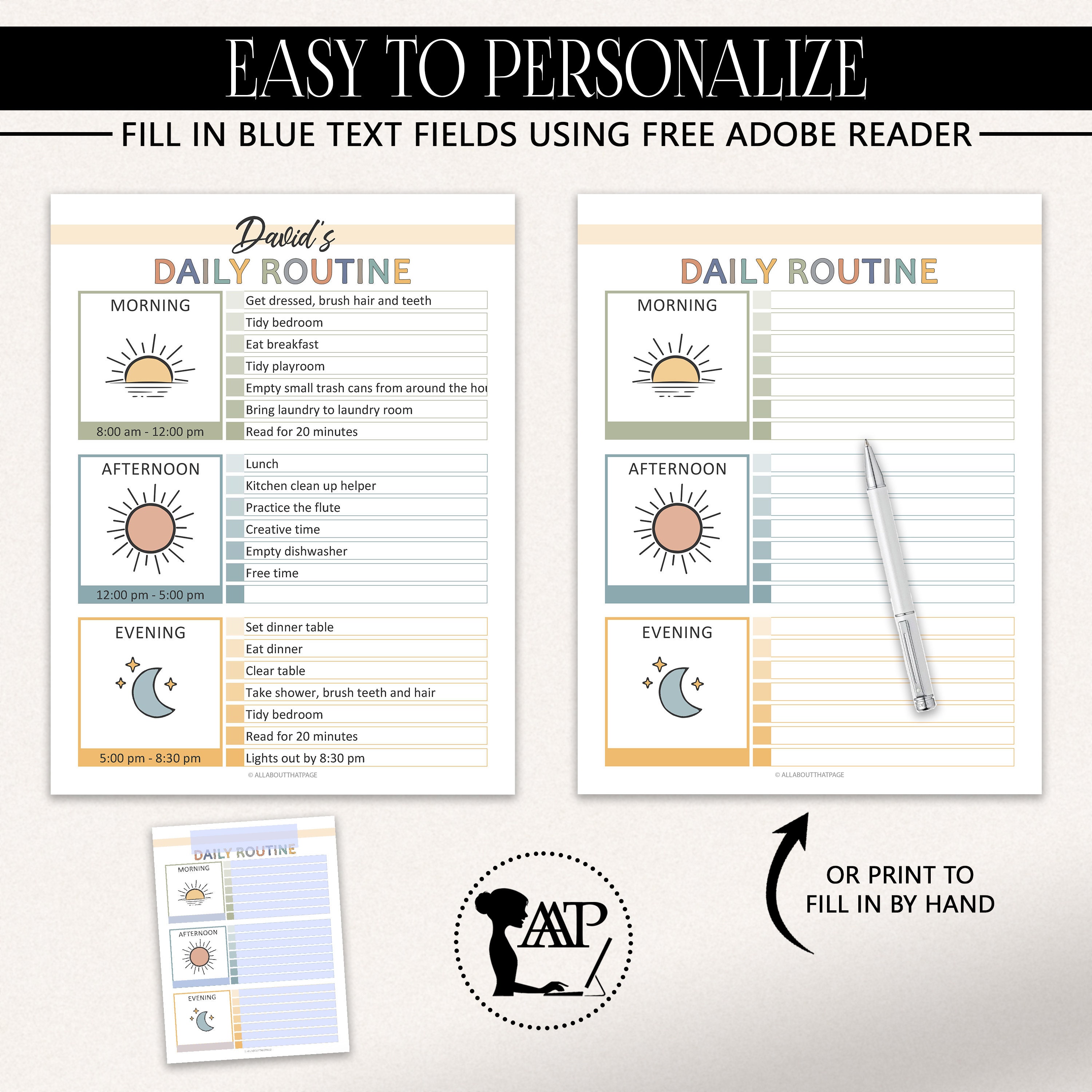 Kids Daily Routine Editable Template Editable Daily Schedule for Kids Printable Bundle | Weekly Chore Chart ...