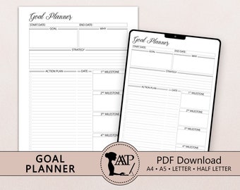 May include: A black and white printable goal planner with the text "Goal Planner" and "Ready to Print & Plan" at the top. The planner includes sections for start date, goal, end date, why, strategy, action plan, date, and milestones.