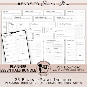 Pacote Planner Essentials para impressão digital | Planejamento Diário Mensal Semanal | Metas Hábitos | Boas notas | A4 A5 tamanho meio carta PDF CLP07-10