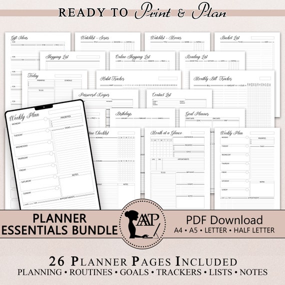 Planner Essentials Bundle Printable Digital | Monthly Weekly Daily Planning | Goals Habits | GoodNotes | A4 A5 Half Letter Size PDF CLP07-10