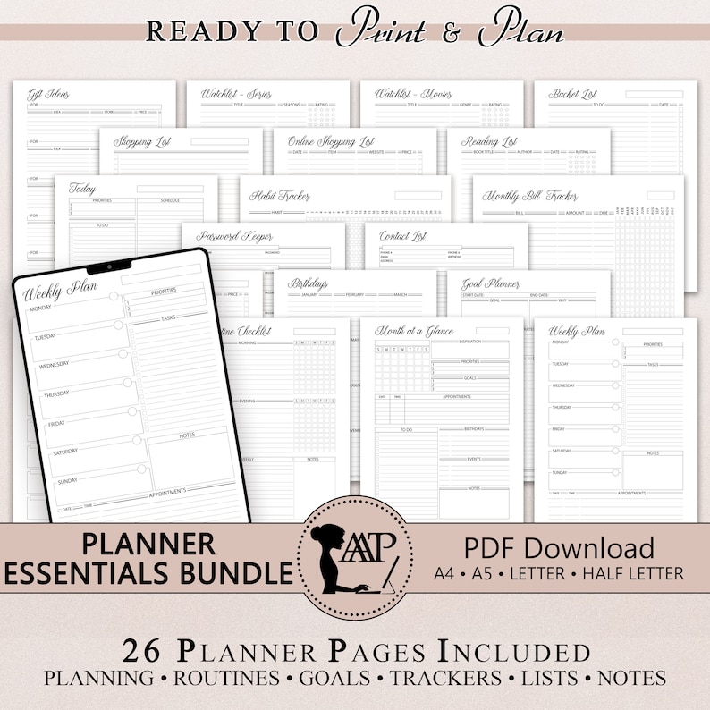 May include: A printable planner bundle with 26 pages, featuring a variety of layouts for planning, routines, goals, trackers, lists, and notes. The pages are designed in a simple black and white style with a minimalist aesthetic.