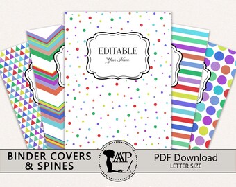 May include: A collection of binder covers and spines with various colorful patterns, including polka dots, stripes, and geometric shapes. The covers are labeled "Editable" and "Your Name". The image also includes the text "Editable & READY TO PRINT" and "PDF Download LETTER SIZE".
