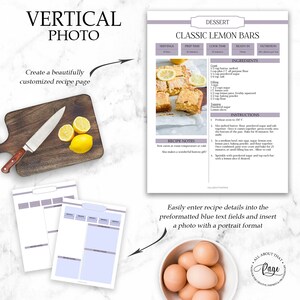 May include: Printable recipe template with a vertical photo format. The template has blue text fields for entering recipe details and a photo placeholder. The example recipe is for Classic Lemon Bars with a photo of the finished dessert.