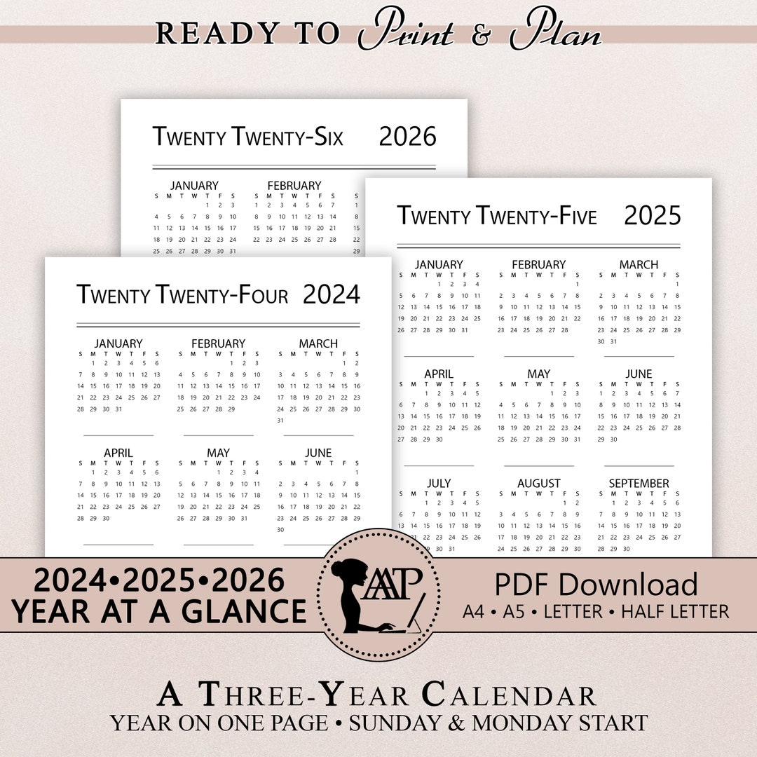 2024 2025 2026 Year at a Glance Calendar Printable Digital Minimalist