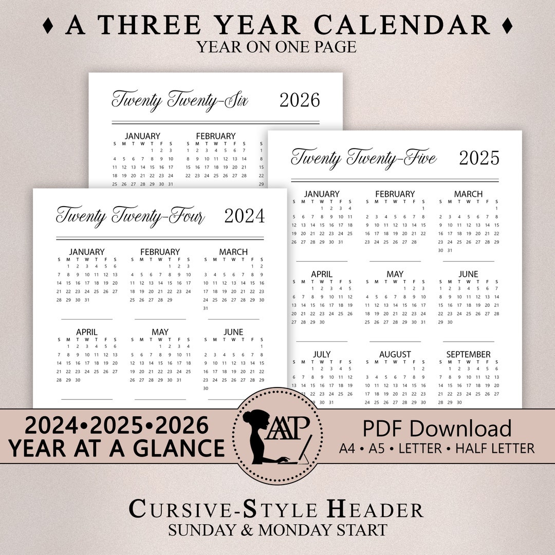 2024 2025 2026 Year at a Glance Calendar Printable Digital Minimalist