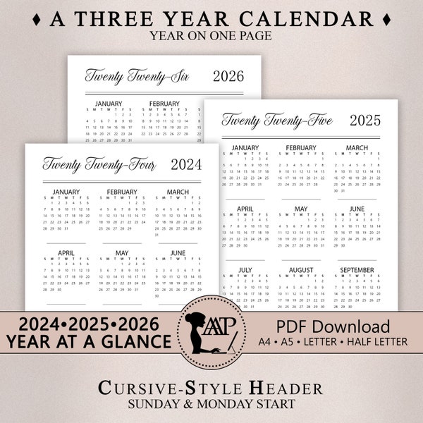 2024 2025 2026 Year at a Glance Calendar Printable Digital | Minimalist | GoodNotes | Sunday Monday Start | A4 A5 Letter Half PDF CLP02-01