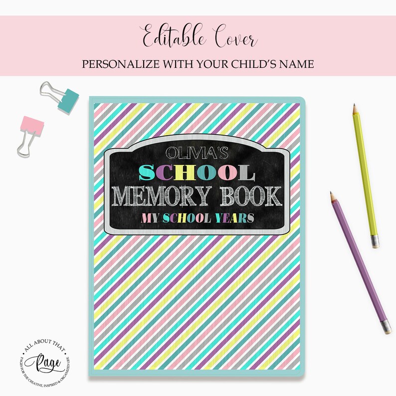 Puede incluir: Una cubierta a rayas de colores para un libro de recuerdos de la escuela con el texto "OLIVIA'S SCHOOL MEMORY BOOK MY SCHOOL YEARS" en un letrero negro.