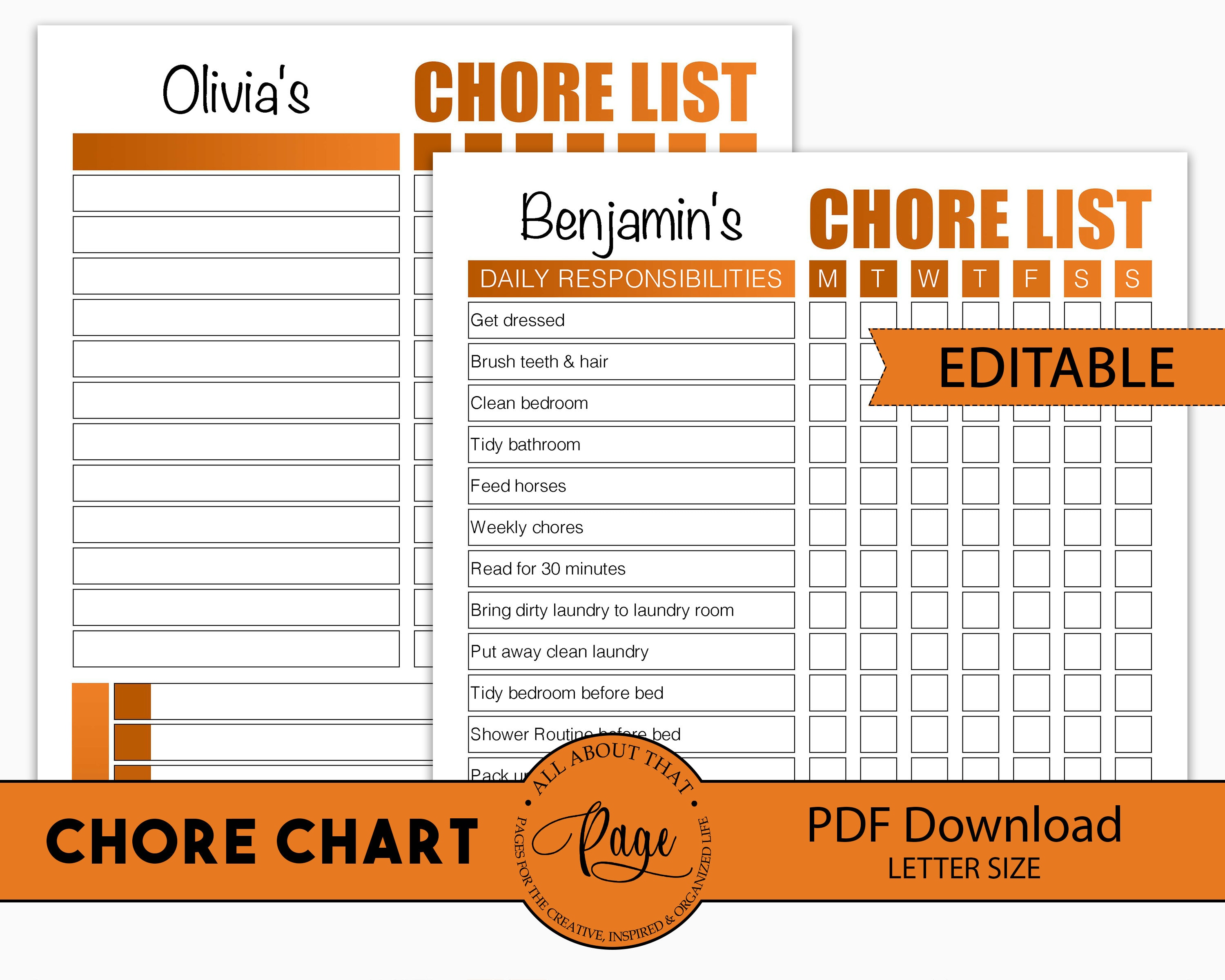 Calendars &amp; Planners Paper Paper &amp; Party Supplies Editable Chore Chart ...