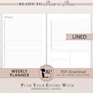 Planificador semanal imprimible / Diseño de 2 páginas con líneas horizontales / Semana en dos páginas / Minimalista moderno / A4 A5 Tamaño medio carta / PDF CLP04-05