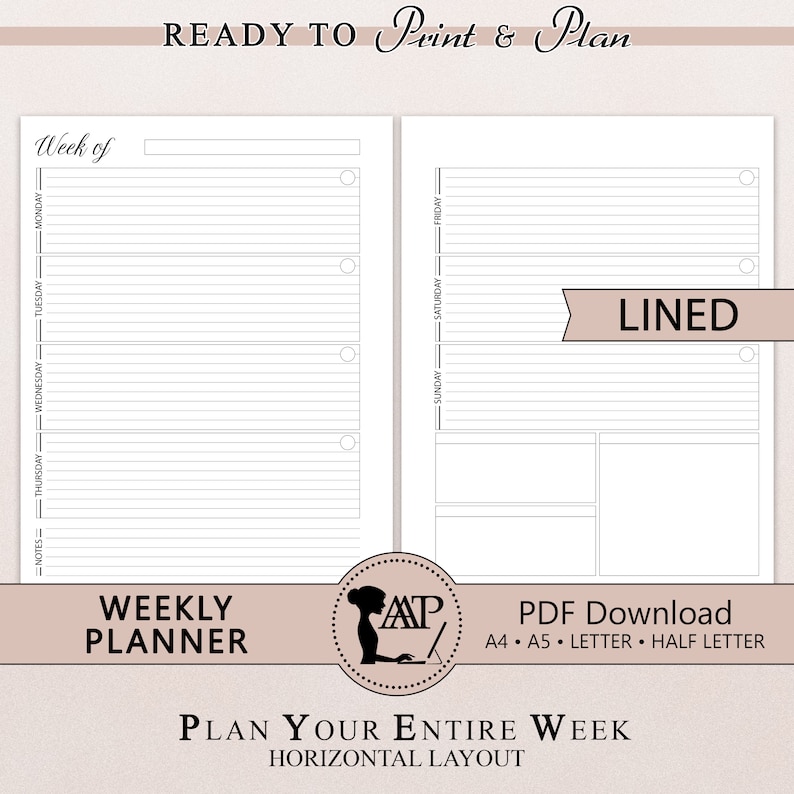 May include: A printable weekly planner with lined sections for each day of the week. The planner is designed in a horizontal layout and includes a space for notes. The text "READY TO Print & Plan" and "PLAN YOUR ENTIRE WEEK" is included in the image.