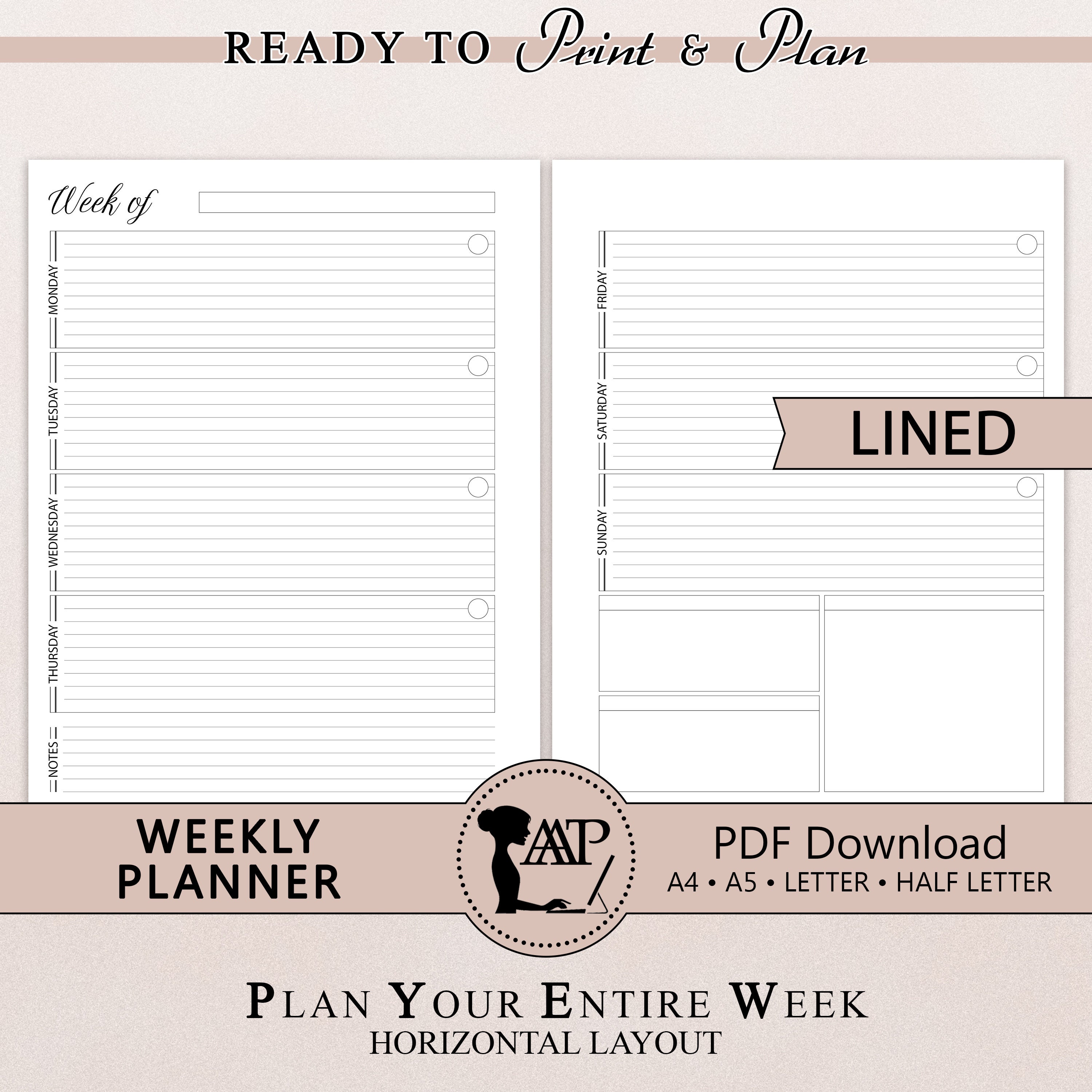 Weekly Planner Printable | Horizontal Lined 2 Page Layout | Week on Two ...