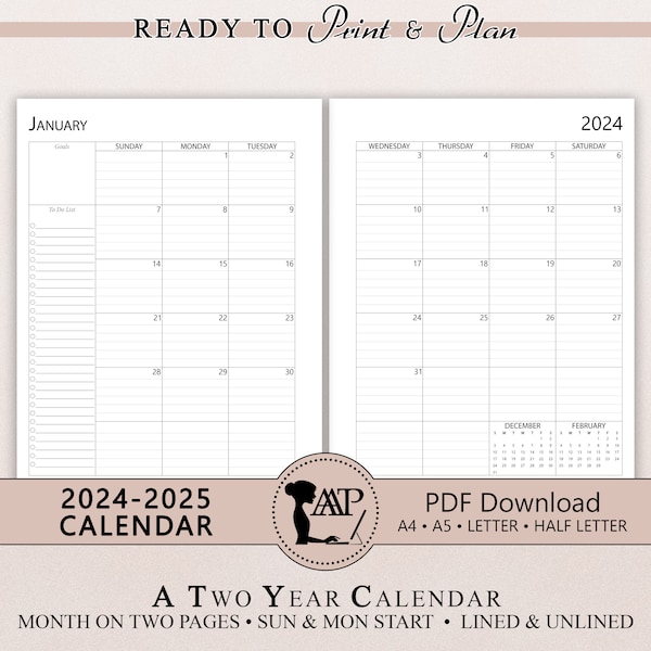 2025 Two Page Calendar Inserts Etsy