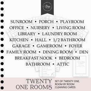 May include: A set of twenty-one cleaning checklists for different rooms in a house. The checklists are printed on white cards with black text and are organized by room, such as kitchen, bathroom, bedroom, and living room. The cards are stacked and arranged in a fan shape, with the text "Twenty One Rooms" visible at the bottom.