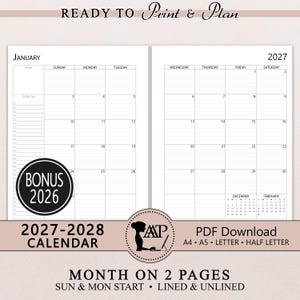 2027 2028 Monthly Calendar Printable | Two 2 Page Lined Unlined Planner Insert | Sunday Monday Start | A4 A5 Letter Half Size | PDF CLP01-02