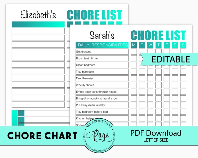 Editable Chore Chart Printable Chores For Older Kids Child Etsy