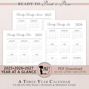 Calendario de un vistazo del año 2025, 2026 y 2027, imprimible, digital, minimalista, GoodNotes, inicio de domingo y lunes, tamaño A4, A5, carta, media página, PDF CLP02-01