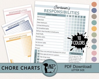 Editable Chore Chart for Kids Printable Bundle | Responsibility Checklist for Teens Template | Family Chore System | Rewards | PDF HFL01-02