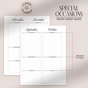 May include: A printable planner page for special occasions, with sections for birthdays, anniversaries, and holidays. The months of September, October, November, and December are included. The text "SPECIAL OCCASIONS NEVER FORGET AGAIN" is at the top of the page.