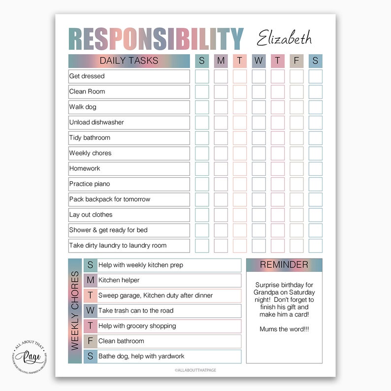 Download Editable Chore Chart Printable Chores for Older Kids Child | Etsy
