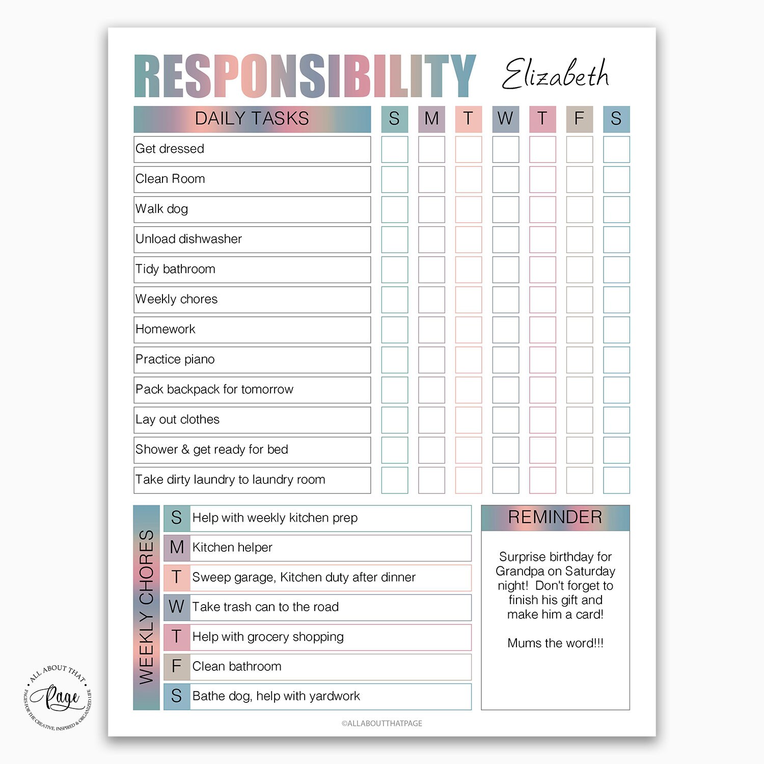 Editable Chore Chart For Adults