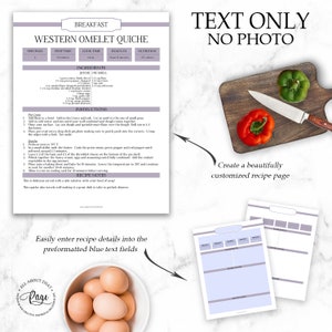May include: A printable recipe template with a blue background and text fields for entering recipe details. The template is designed for a Western Omelet Quiche recipe and includes sections for servings, prep time, cook time, ready in time, nutrition, ingredients, instructions, and recipe notes. The image also includes a photo of a red and green bell pepper on a wooden cutting board.