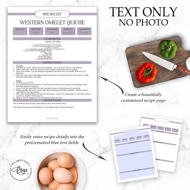 May include: A printable recipe template with a blue background and text fields for entering recipe details. The template is designed for a Western Omelet Quiche recipe and includes sections for servings, prep time, cook time, ready in time, nutrition, ingredients, instructions, and recipe notes. The image also includes a photo of a red and green bell pepper on a wooden cutting board.