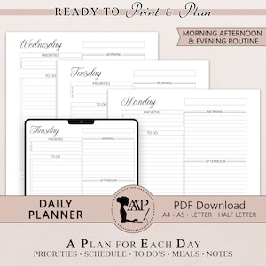 May include: Printable daily planner with a black and white design. The planner includes sections for priorities, to do, morning, afternoon, and evening. The text "Ready to Print & Plan" is at the top of the page. The text "A Plan for Each Day" is at the bottom of the page.