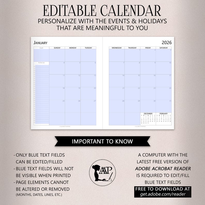2026 2027 EDITABLE Calendar Printable Template | Fillable Two 2 Page ...