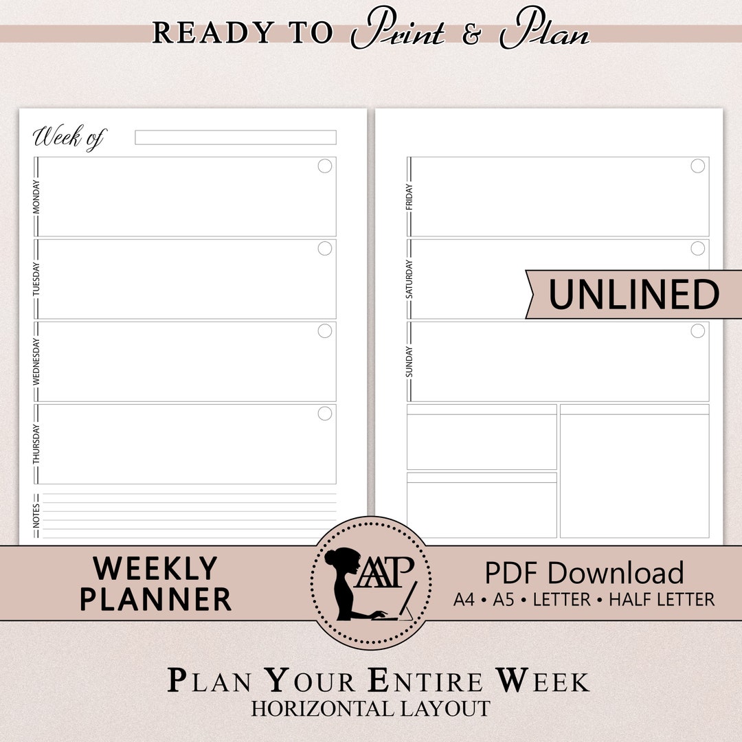 Weekly Planner Printable | Horizontal Unlined 2 Page Layout | Week on ...
