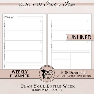 Planificador semanal imprimible / Diseño horizontal sin líneas de 2 páginas / Semana en dos páginas / Minimalista moderno / A4 A5 Tamaño medio carta / PDF CLP04-07