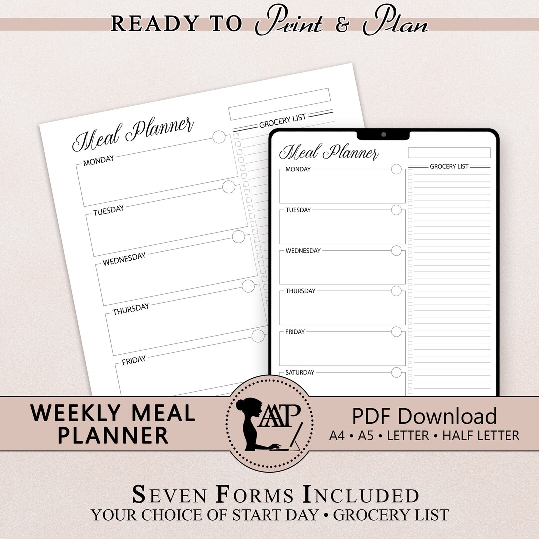 Weekly Meal Planner Printable Digital | Grocery List Menu Planning ...