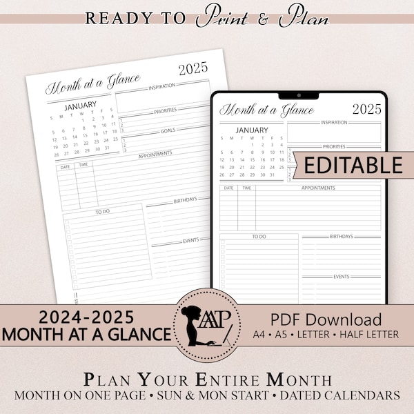 2024 2025 Month at a Glance Planner Printable Digital Monthly Etsy