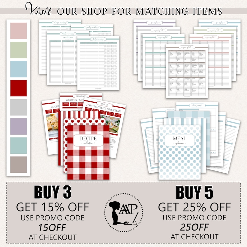 May include: A digital download of printable recipe and meal planner templates. The templates feature red and white gingham, blue and white polka dot, and blue and white gingham patterns. The text on the image reads "Visit our shop for matching items", "Buy 3 Get 15% off Use promo code 15OFF at checkout", and "Buy 5 Get 25% off Use promo code 25OFF at checkout".