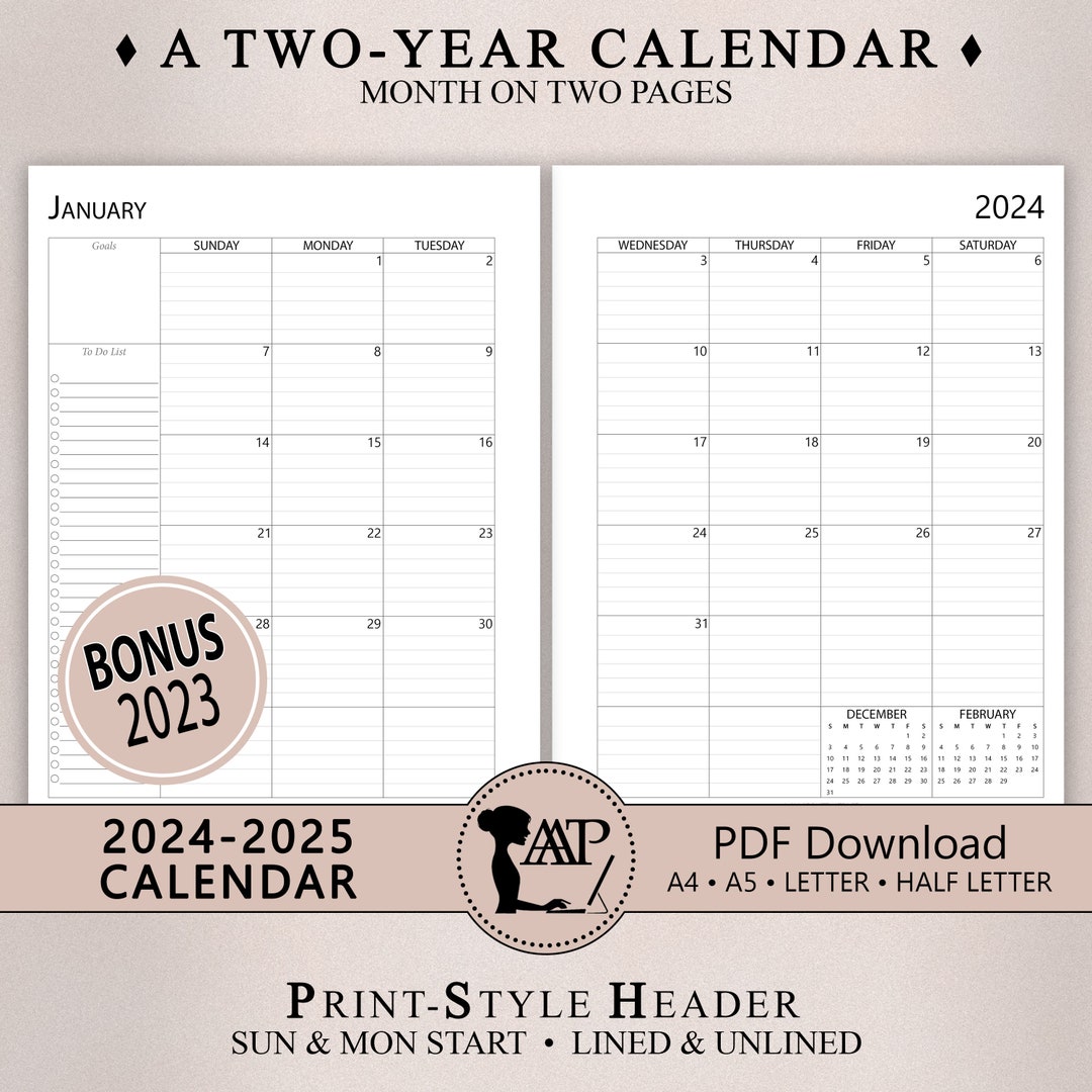 2024 2025 Monthly Calendar Printable Two 2 Page Lined - Etsy UK