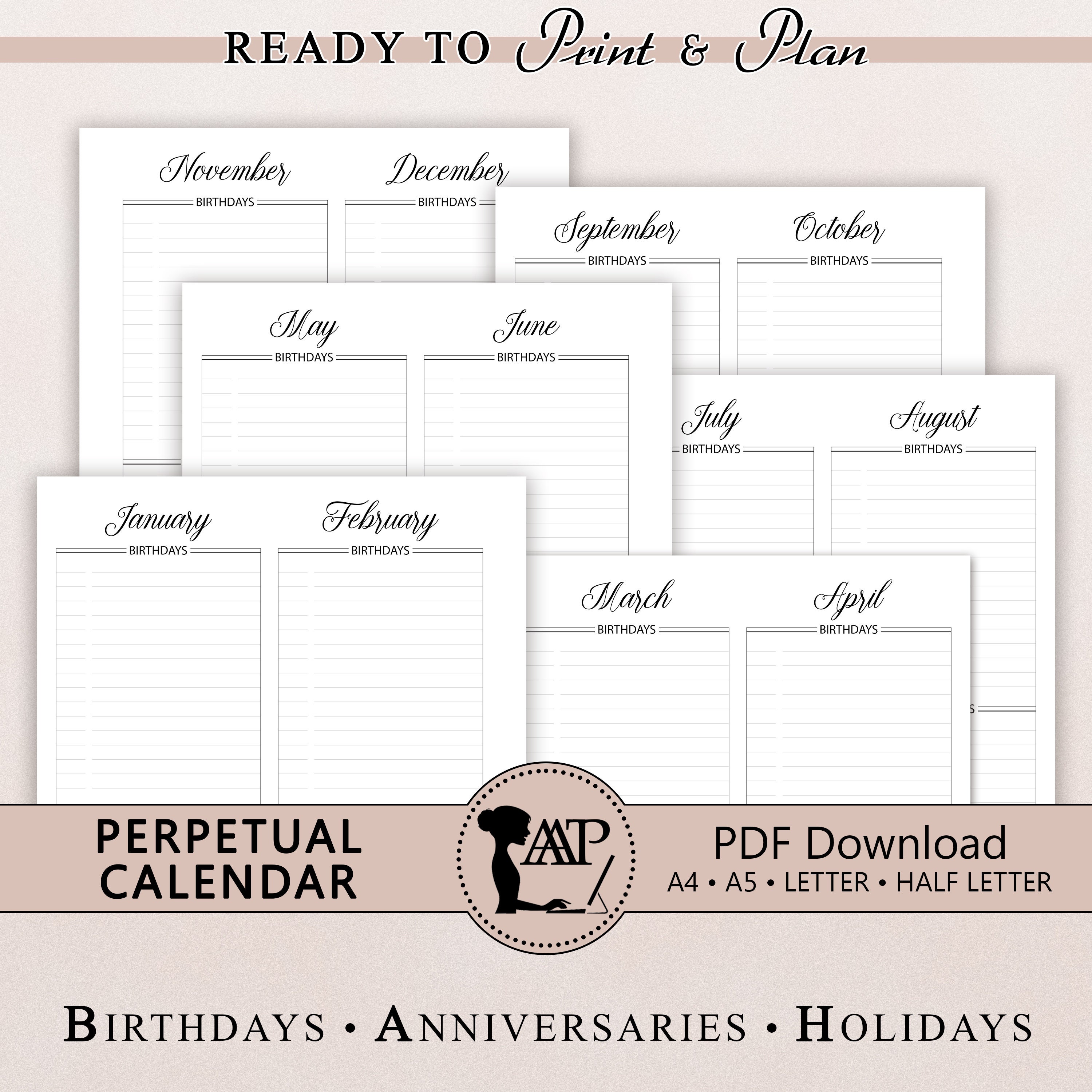 Perpetual Calendar Printable | Planner Insert | Annual Birthday Events Tracker | Minimalist A4 A5 Letter Half Size PDF Download CLP03-01