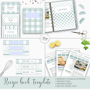 May include: A printable recipe book template with a green and white gingham pattern. The template includes binder covers, dividers, tabs, spines, and recipe pages. The text "Recipe book template" is written in black at the bottom of the image.