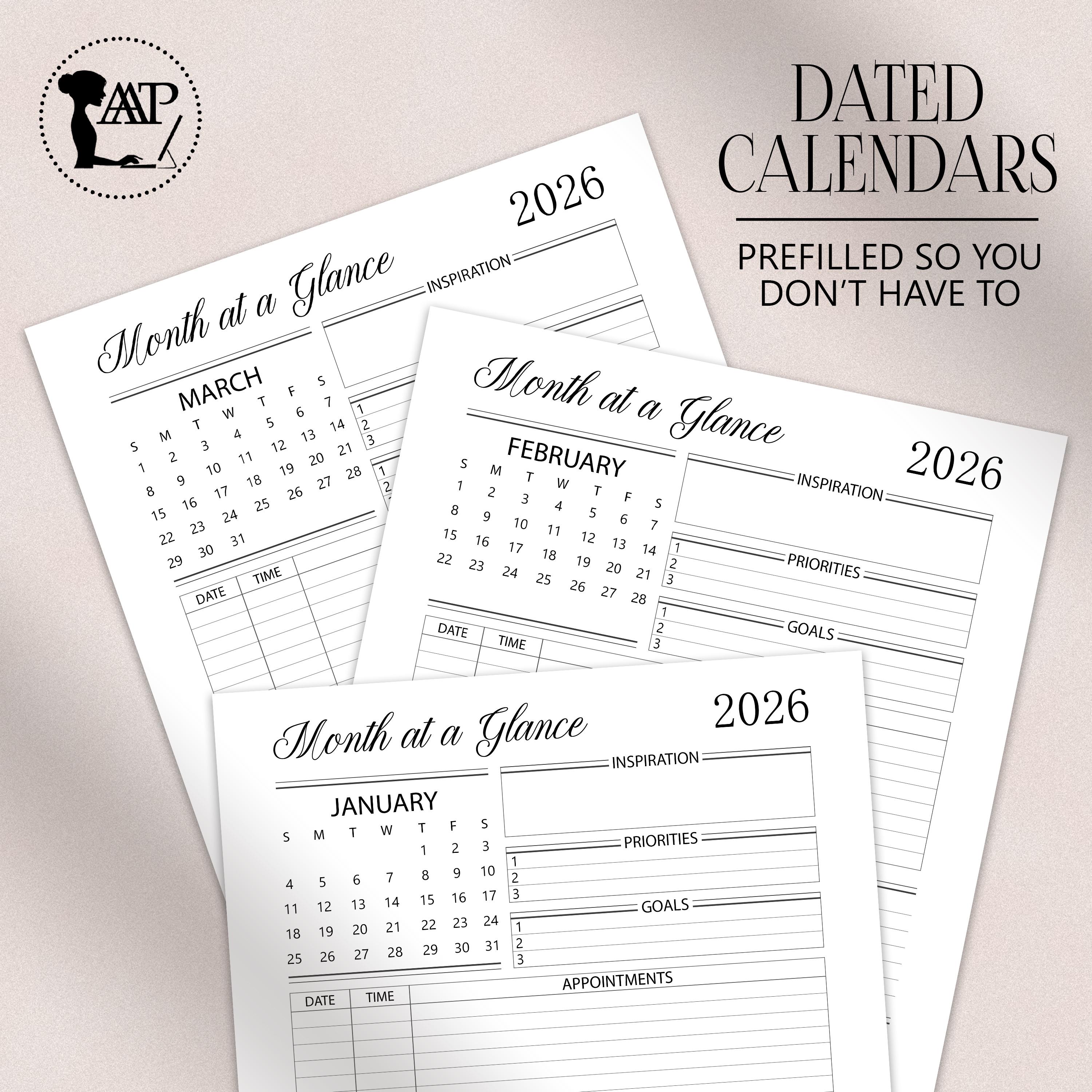 2026 Month at a Glance Planner Printable Digital | Monthly Overview ...